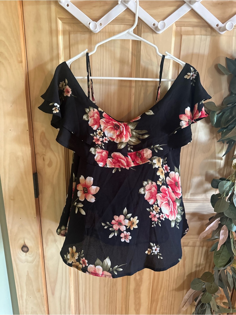 Floral Off-Shoulder Ruffle Women's Top - Black with Pink Flowers